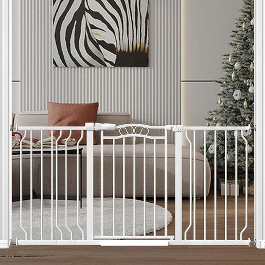 Fairy Baby 53.1"-62.5" Extra Wide Long Baby Gate, Dog Safety Gates & Gate Extensions for Stairs, Doorways, Hallways and Kitchen, Pet Garden Animal Barrier Fence Indoor Kid Gate Metal Auto Close, White
