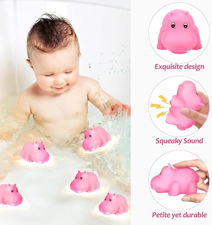 18 Pcs Pink Rubber Hippo Baby Bath Toys,Cute Floating Animal Squirt Toys,Fun Water Squirting Bathtime Play for Toddlers,Perfect for Bathtub,Pool,Summer Beach Decor & Party Favors