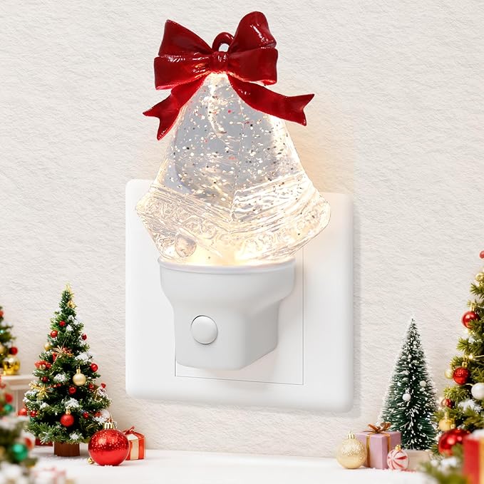 Christmas Night Light Plug into Wall Swirling Glitter USB Portable Christmas Decorative Night Light Decoration for Kids Adults Bedroom Kitchen Living Room Holiday Decor (Bells)