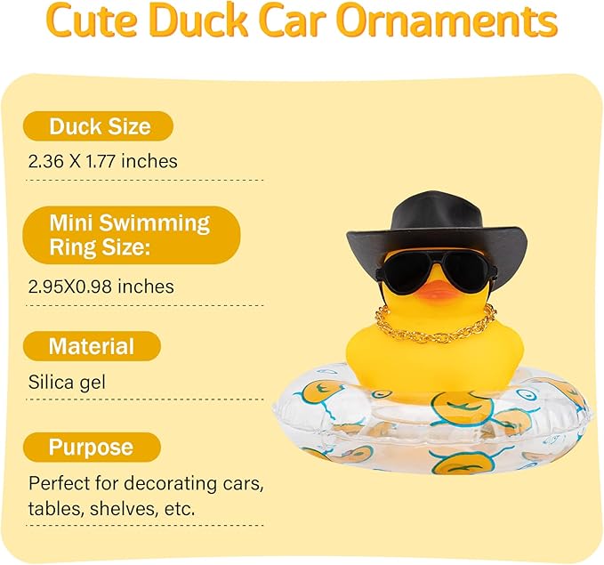 wonuu Car Rubber Duck, Yellow Duck Decoration Dashboard with Sun Hat Swim Ring Necklace Sunglasses for Car Dashboard Decorations, Black Cowboy Hat-Transparent