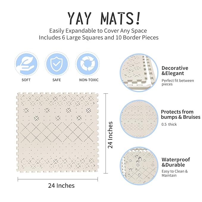 Yay Mats Stylish Extra Large Baby Play Mat. Soft, Thick, Non-Toxic Foam Covers 6 ft x 4 ft. Expandable Tiles with Edges Infants and Kids Playmat Tummy Time Mat (Carter Mudcloth Tan)