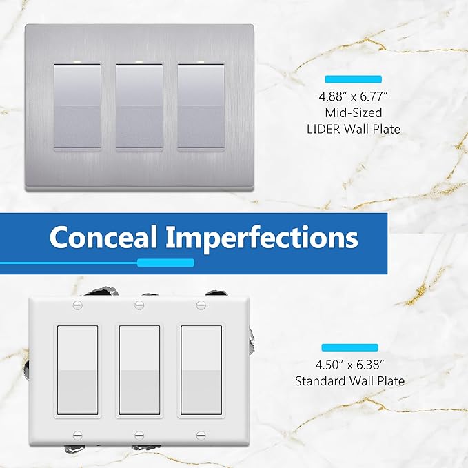 LIDER Brushed Finish Decorator Switch Cover, Screwless Wall Plate, Mid-Size 3-Gang 4.88" x 6.77", Unbreakable Polycarbonate Thermoplastic, UL Listed, LSWP-33M-BSV, Brushed Silver