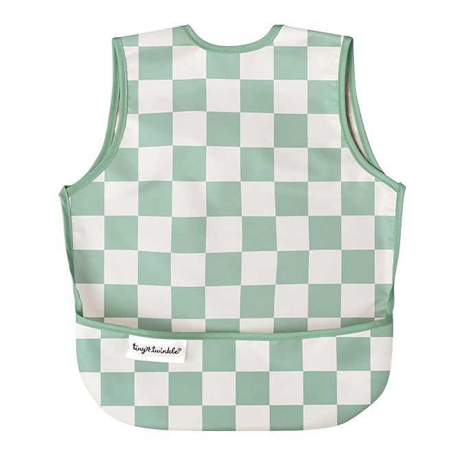Twinkle Short Sleeve Apron Baby & Toddler Bib – Waterproof, Mess-Proof Bibs for Eating & Feeding, Machine Washable, Perfect Holiday Gift (Green Checkers, 2-4Y)