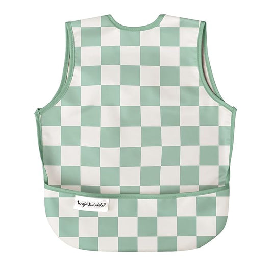 Twinkle Short Sleeve Apron Baby & Toddler Bib – Waterproof, Mess-Proof Bibs for Eating & Feeding, Machine Washable, Perfect Holiday Gift (Green Checkers, 2-4Y)