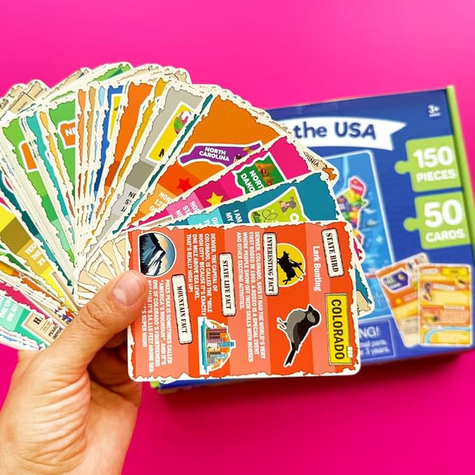 QUOKKA Puzzles for Kids Ages 8-10 - 150 Pcs Jigsaw Puzzles for 6-8 Year Olds - 400+ Facts on 50 Double - Sided Flashcards - Learn USA Education Activity Gift - Shaped Puzzle for Toddlers 4-6