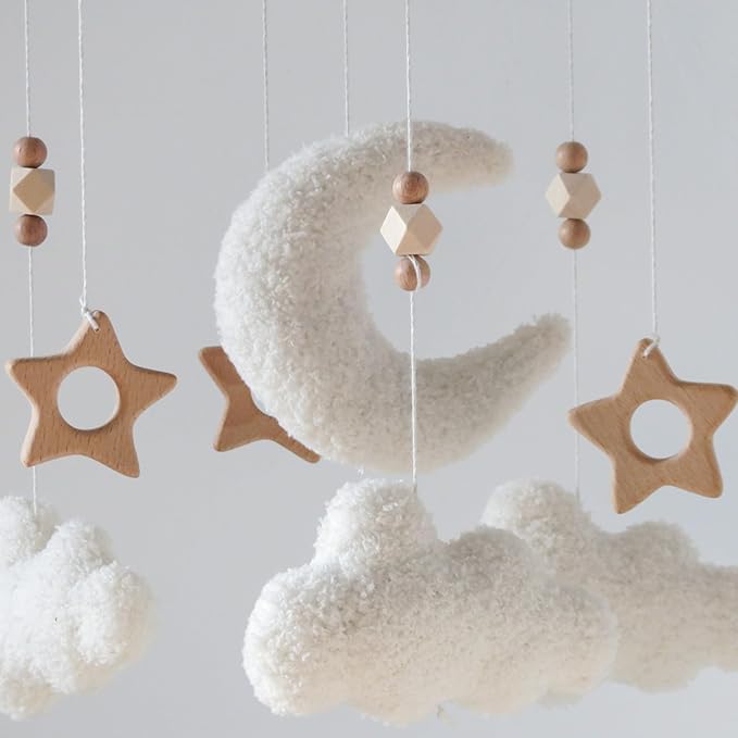 Cloud Moon Crib Mobile Cloud Baby Mobile for Crib Neutral Boho Clouds and Wooden Stars Moon Mobile Boucle Mobile