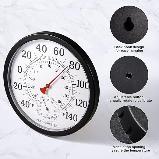 10.5 Inch Indoor Outdoor Thermometer Large Numbers - Weather Thermometer Hygrometer Waterproof, No Battery Needed Outdoor Thermometers for Patio, Home, Garden Decoration (Black)
