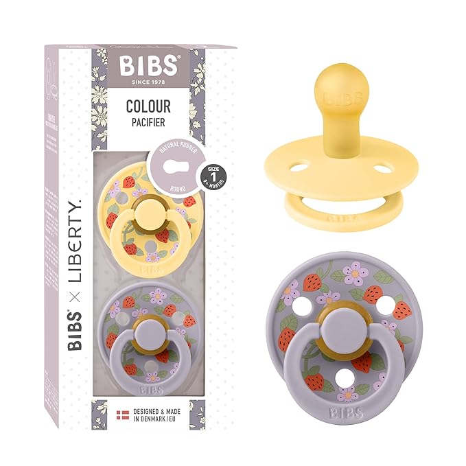 BIBS Colour Liberty Soother 2-Pack, BPA Free Dummy Pacifier, Round Nipple. Natural Rubber Latex, Made in Denmark, Size 1 (0-6 Months), Strawberries and Cream Pale Butter Mix