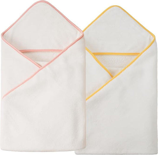 POLYTE Premium Hypoallergenic Microfiber Hooded Baby Bath Towel, 36 x 36 in, 2 Pack (White w/Yellow,Pink Trim)