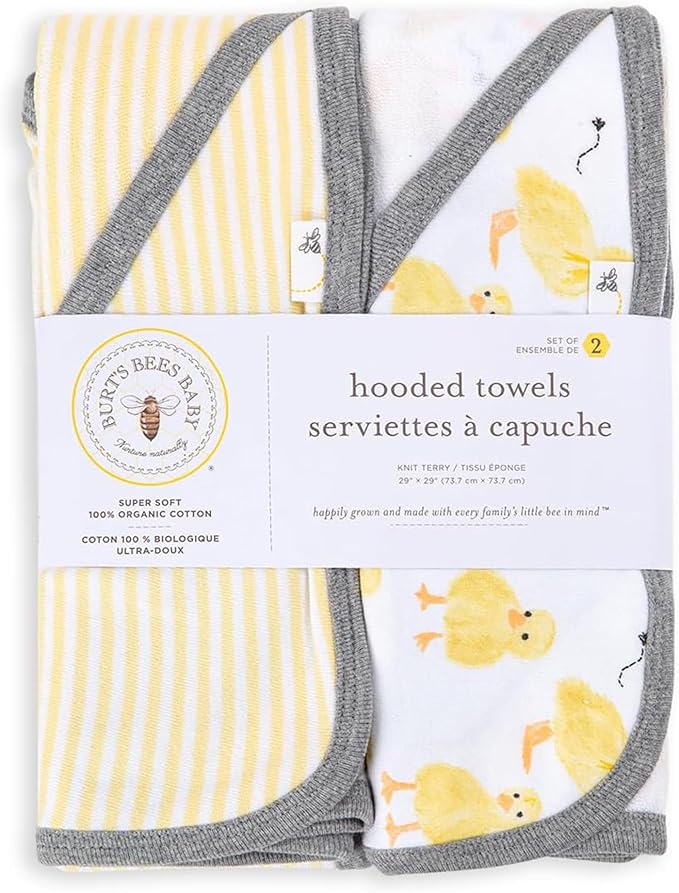 Burts Bees Baby Infant Hooded Towels Little Ducks Organic Cotton, Unisex Bath Essentials and Newborn Necessities, Soft Nursery Towel with Hood Set, 2-Pack Size 29 x 29 Inch