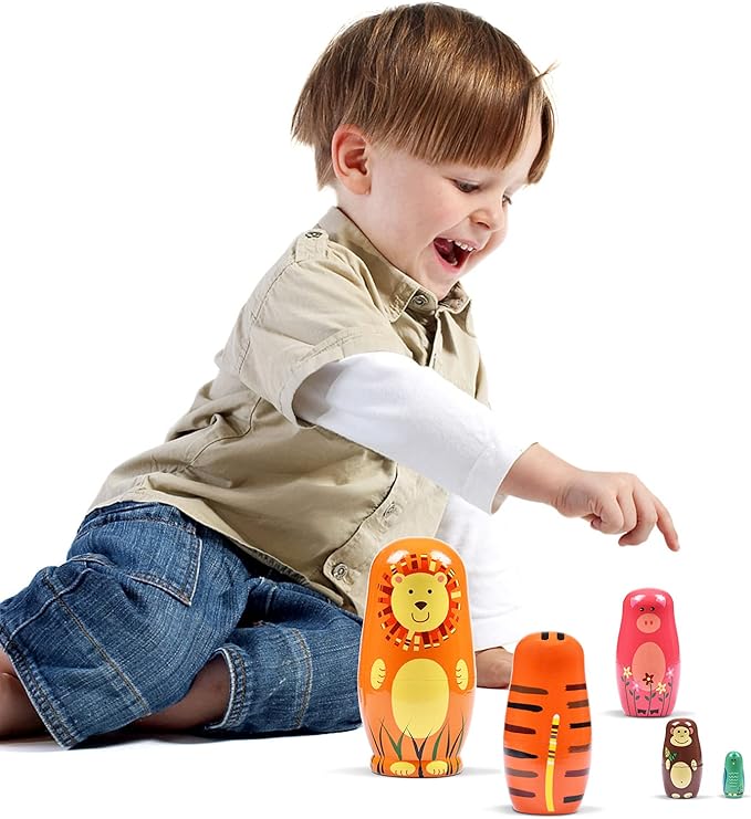 Russian Nesting Dolls, 5 Pcs 6 "Tall Animal Nesting Easter Eggs Toys, Stacking Wooden Handmade Matryoshka Dolls for Kids Toddlers Birthday or Home Decoration Gift (Round Lion)