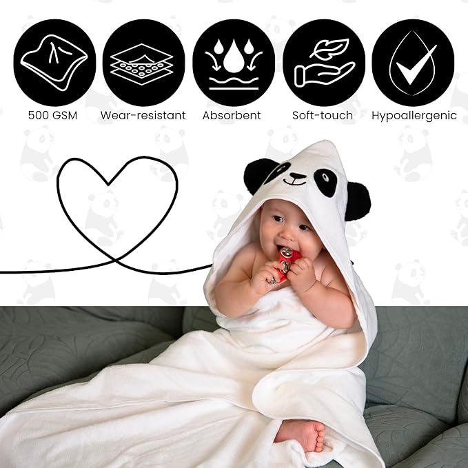 Premium Hooded Towel - 500GSM Viscose derived from Bamboo Cotton Baby Towels - Ultra Soft & Absorbent, Extra Large 35” x 35”, Hypoallergenic, Machine Washable Toddler Towel - Panda