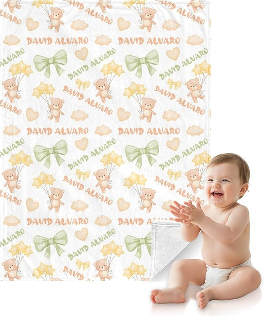 Ship Next Day Personalized Baby Blanket, Printed in USA - Custom Name Toddler Blanket with Plush Bear Pattern, Personalized
