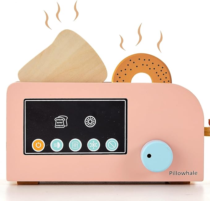 Bagel & Toast Pop-Up Toaster – 18-Piece Wooden Breakfast Playset, Montessori Kitchen Toy Includes Bagels, Bread, Bacon, Veggies & Milk for Kids Ages 3+