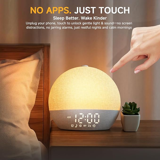 Sunrise Alarm Clock White Noise Sound Machine for Bedroom | Natural Wake-Up Light with 30 Soothing Sleep Aids, Bluetooth Speaker, Dimmable Clock, Screen-Free Design for Baby Adults Kids-White