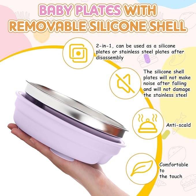 Nuogo 4 Pcs Stainless Steel Baby Suction Plates with Removable Silicone Shell 2-in-1 Metal Toddler Bowl Divided for Picky Eaters Kid Feeding Led Weaning Supply, Dishwasher Safe (Macaron Series)
