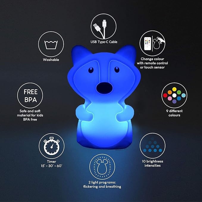 Fox Night Lights Bedside lamp, Bedroom Light for Kids, Baby Nursery lamps - Break Resistant, Eye Caring, Adjustable Brightness & Color and Time Setting, Gifts for Kids Babies Boy Girl - Medium