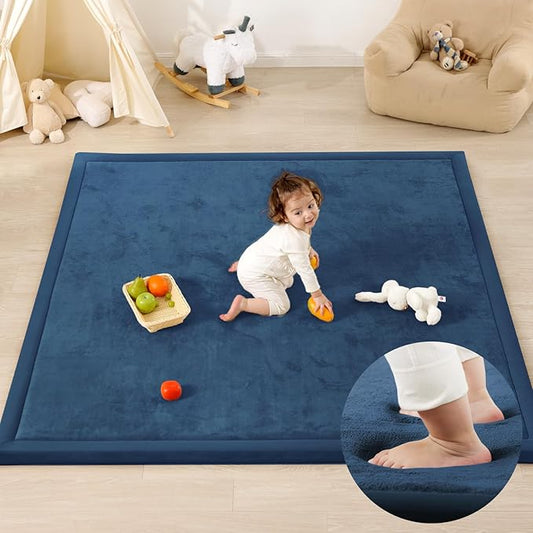 1.3" Thick Baby Play Mat for Floor Playpen, 71x59 Large Foam Tummy Time Mat, Padded Support Soft Plush Nursery Rug for Infant Kids Toddler Crawling Kick Activity (Royal Blue)