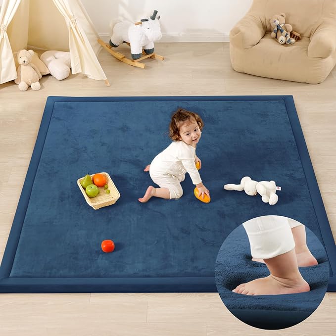 1.3" Thick Baby Play Mat for Floor Playpen, 71x79 Large Foam Tummy Time Mat, Padded Support Soft Plush Nursery Rug for Infant Kids Toddler Crawling Kick Activity (Royal Blue)