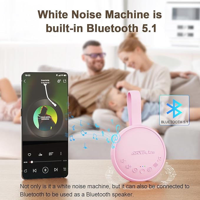 White Noise Sound Machine for Sleeping Adults & Baby, Portable Noise Machine with 24 Soothing Sounds, Bluetooth 5.1, Battery Powered, 3 Timer Settings, Memory Function for Home, Office, Travel(Pink)