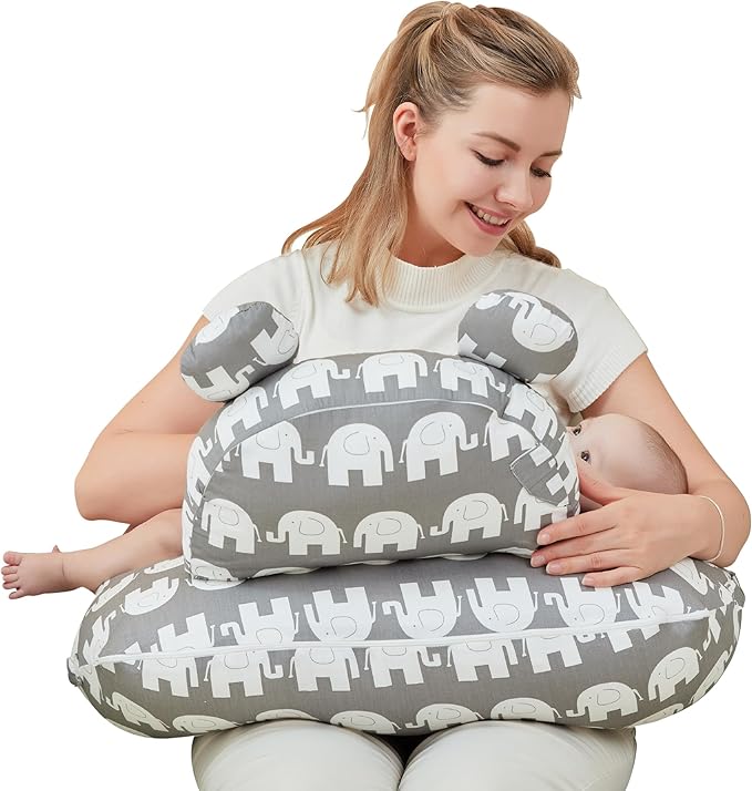 Nursing Pillow for Breastfeeding, Breast Feeding Pillow for Mom Support, Adjustable Waist Strap and Removable Cotton Cover, Elephant