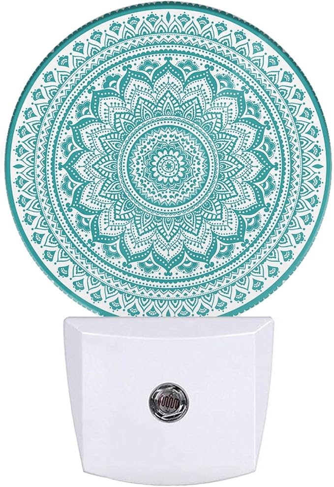 EKOBLA Mandala Night Lights Plug into Wall Teal Green Floral Mandala Flowers Night Light Dusk to Dawn Sensor Led Lamp for Boys Girls Grandma Grandpa