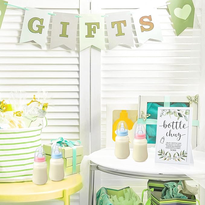 Roowest Bottle Chug Baby Shower Games Sets Including 18 Pcs Feeding Bottles with 1 Bottle Chug Wooden Sign for Gender Reveal Baby Shower Party Supplies(Pink, Blue,Eucalyptus)