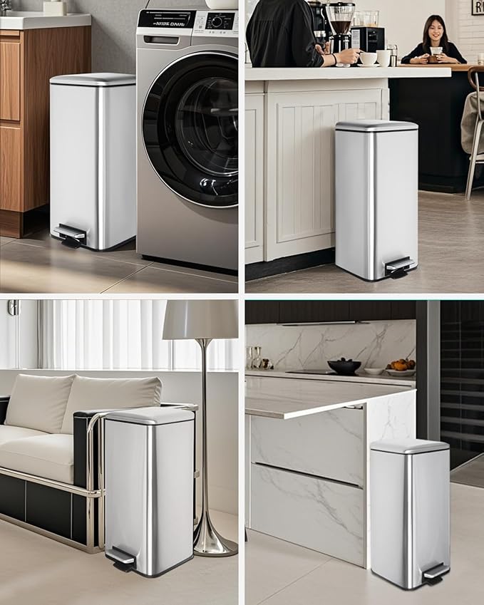 8 Gallon SquareTrash Can with Soft Close Lid, Stainless Steel Trash Can with Removal Inner Bucket, Hand -Free Trash Bin for Kitchen, Office, Laundry, Bathroom, 30 Liter Capacity, Silver