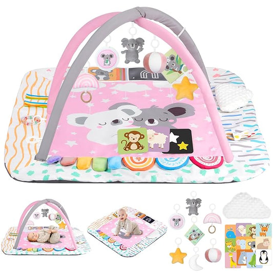Baby Play Mat Activity Gym with Tummy Time Pillow, 6 Developmental Zones Tummy Time Mat, 6 Detachable Sensory Toys and Educational Cards, Essential Baby Shower Set, Pink Koala