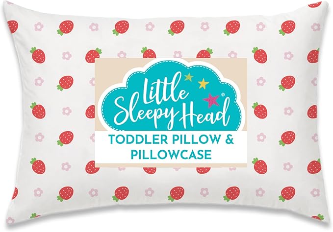 Little Sleepy Head Toddler Pillow with Pillowcase 13x18 - Kids Pillow for Sleeping - Better Neck Support Ergonomic Pillow and Toddler Pillowcase - Best Pillows for Kids (Strawberries)