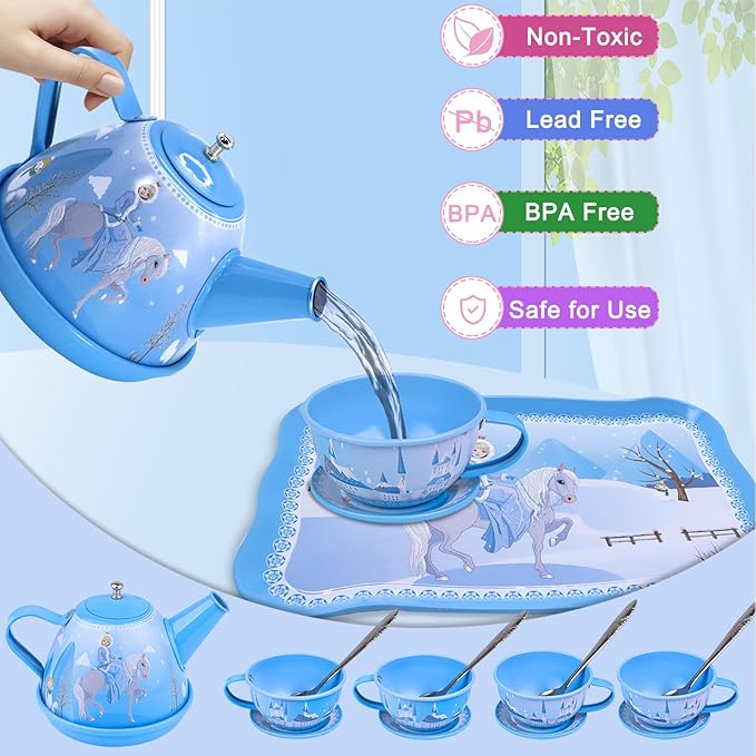PRE-WORLD Tea Party Set for Little Girls, 46Pcs Princess Tea Time Toy Including Dessert,Cookies,Doughnut,Teapot Tray Cake,Tablecloth,Gloves & Carrying Case,Kitchen Pretend Play for Girls Boys Age 3-6
