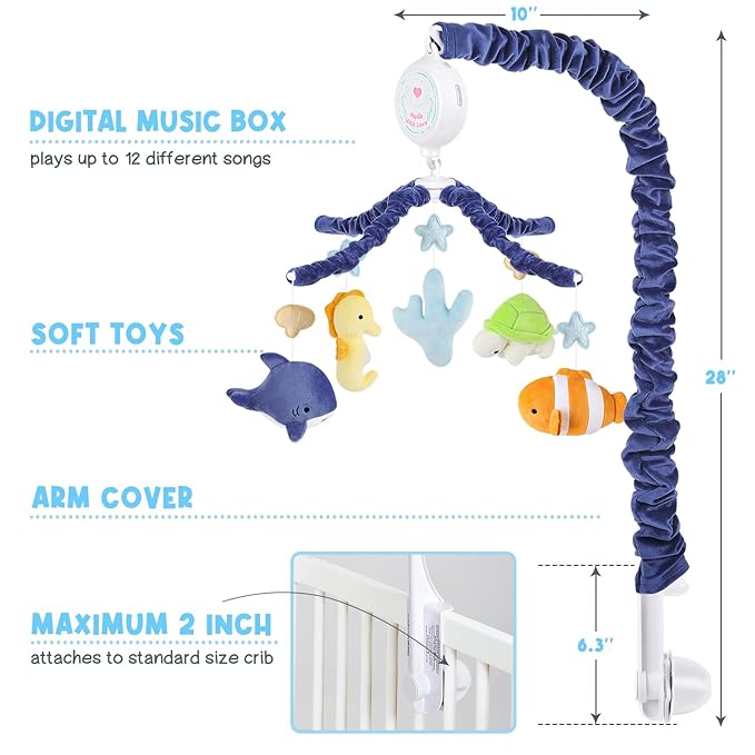 Ocean Crib Mobile - Musical Baby Mobile for Crib with 12 Lullabies for Boys & Girls, Sea Animals Baby Crib Mobile, Nursery Mobiles, Fits Standard Cribs