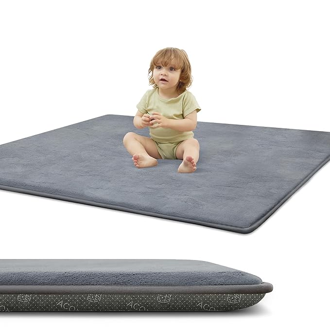 ACOMOPACK 1.3" Thick Baby Play Mat for Floor 59x71-Large Water-Repellent&Non-Slip Memory Foam Mat for Kids,Toddlers,Soft Velvet Nursery Rug for Tummy Time&Crawling,Yoga,Tatami Style(Grey)