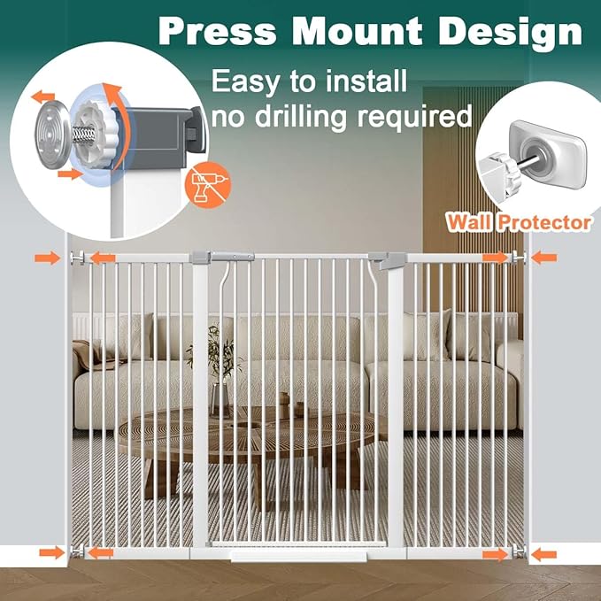 Fairy Baby 40.5" Extra Tall Baby Gate for Stairs, 40.6"-54.7" Extra Wide Dog Pet Gate Indoor Outdoor, Pressure Mounted Walk Thru Swing Metal Safety Child Gate, Cat Puppy Gate for House Doorways, White