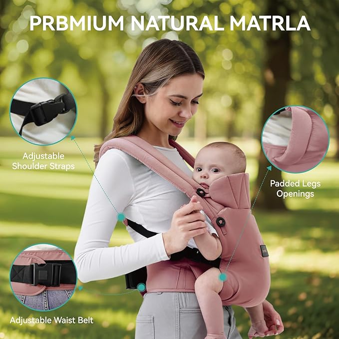 Baby Carrier Newborn to Toddler 7-45 lbs with Natural Material, Ergonomic Design,Versatile and Adjustable,Hands Free for Moms&Dads,Pink