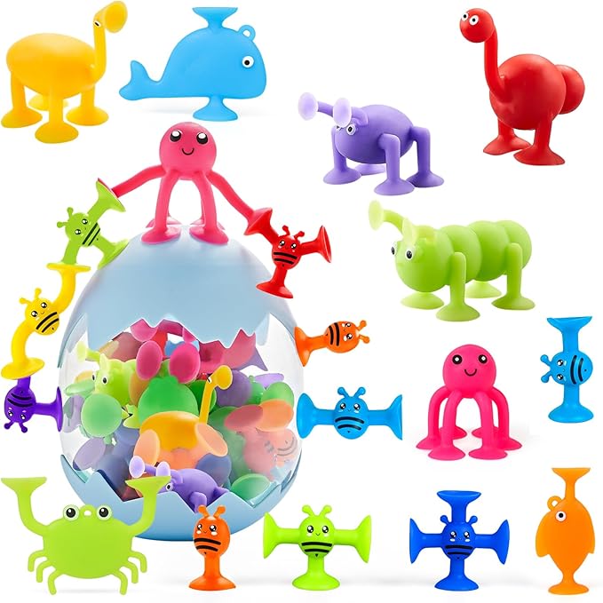 Suction Cup Bath Toys for Kid 40 PCS Silicone Animal Bathtub Toys for Kids Ages 4-8 Sensory Window Building Travel Toy Toddlers Age 3-5 with Eggshell Storage Summer Gift for 3 4 5 6 Year Olds Boy Girl