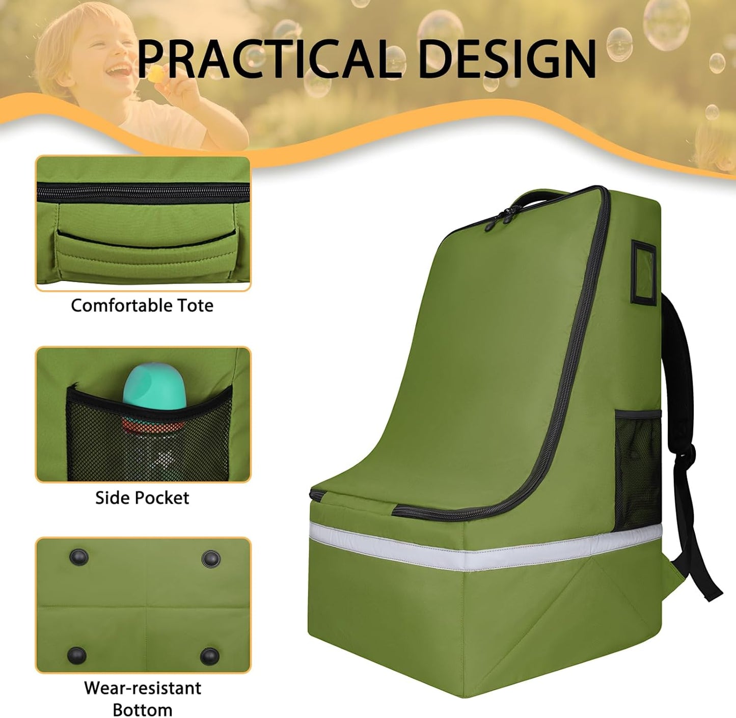 Car Seat Travel Bag for Airplane,Infant Seat Travel Bag with Shoulder Strap,Padded Car Seats Backpack with Reflective Stripes,Large Carseat Carrier Bag Travel Car Seat Cover,Green