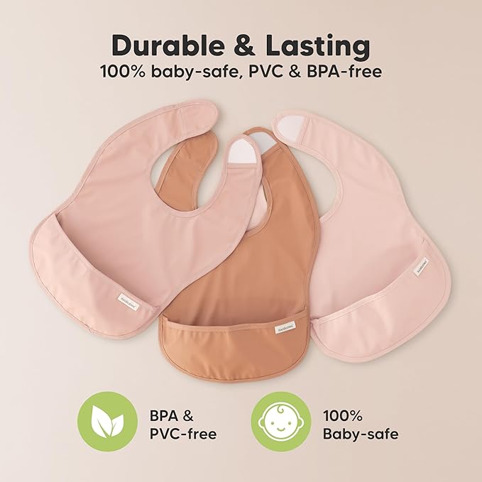 3-Pack Waterproof Baby Bibs for Eating - Lightweight Toddler Feeding Bibs with Large Food Catcher, Mess Proof, Food-Grade Baby Eating Essentials, Easy to Put On & Clean (Beach Day)