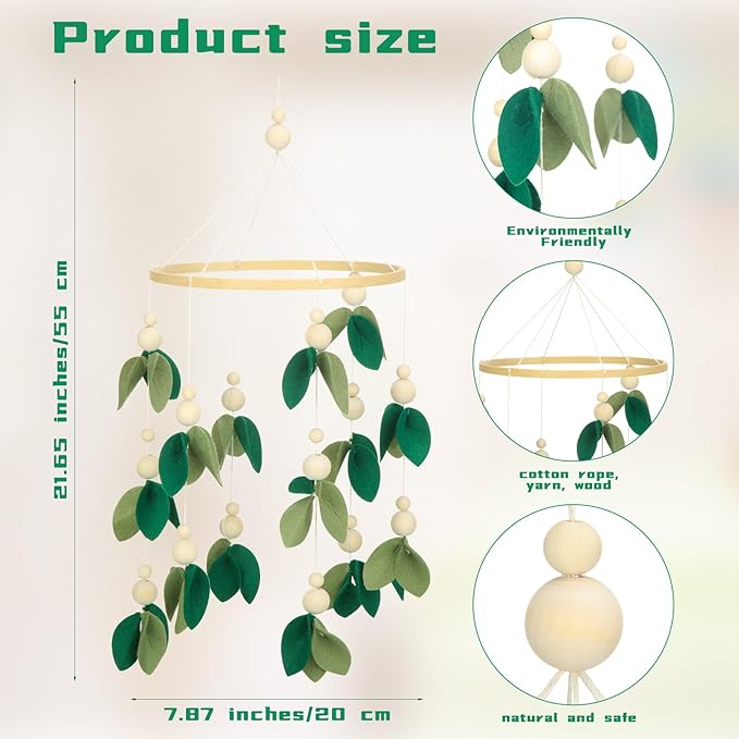 Wenqik Baby Crib Mobile for Nursery Green Leaf Dragon Mobile Crib Forest Green Forest Baby Shower Gift for Boys and Girls(Leaf)