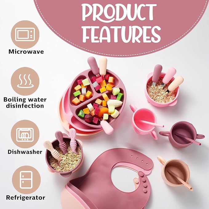 24 Pack Silicone Baby Feeding Set Baby LED Weaning Supplies Includes Suction Divided Plates Soft Bowl Spoons Forks Adjustable Bib Snack Cup and Straws(Pink, Dark Pink, Nude)