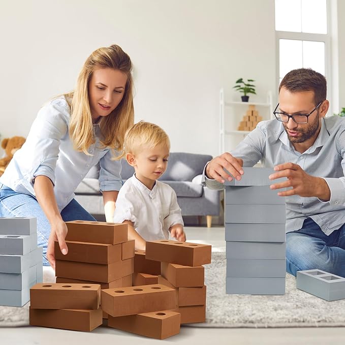Deekin 30 Pcs Foam Brick Building Blocks for Kids Thick Blocks Foam Large Fake Brick Construction Toy for Stacking Construction, 8 x 4 x 2.4 in (Square Circle Holes)