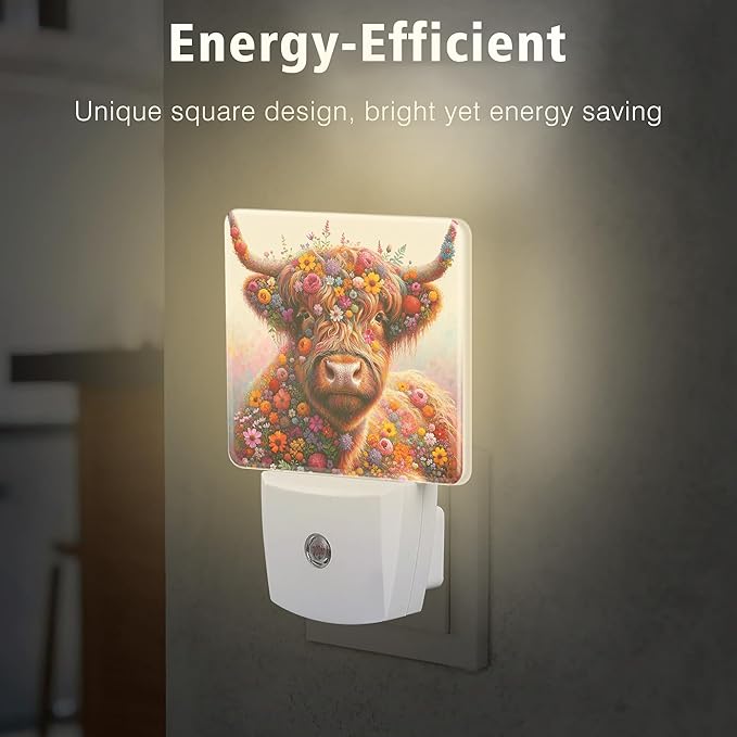 Highland Cow Night Lights Plug into Wall for Girls Boys Room, Night Lights LED Lamp with Dusk to Dawn Sensor Nightlight for Bedroom Kitchen Bathroom Hallway Home Wall Decor