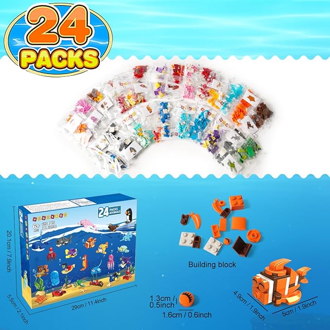 HOGOKIDS 24 Pack Party Favors for Kids Building Set - 629PCS Marine Animals Building Blocks Toy for Goodie Bag Stuffers Classroom Prizes, Valentines Day Easter Birthday Gift for Boys Girls Ages 6-12