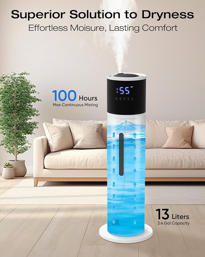 13L Humidifier Large Room, 100H Runtime 28 dB Quiet Cool Mist Air Humidifiers for Bedroom, Baby Nursery, Living Room