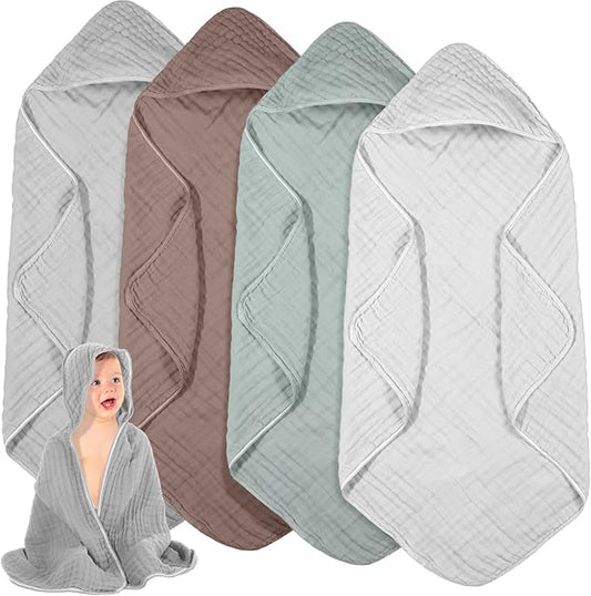 Peryiter 4 Pcs Muslin Hooded Baby Towels, 32"x 32" Cotton Newborn Bath Towel Muslin Infant Baby Blankets Absorbent Unisex Christmas Registry Gift Essentials for Girls Boys (White,Gray,Green,Brown)