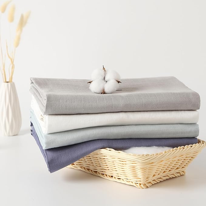 Muslin Swaddle Blankets, Baby Swaddle Blanket, Large 47 x 47 inches Muslin Baby Blanket wrap for Baby Boys and Girls, 4 Pack, Solid Color, Grey Blue White Green