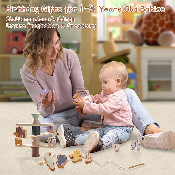 Wooden Animals Threading Toys Lacing Beads for Toddlers 3 4 5 Years Old, Stacking Blocks Balance Toy, Educational Preschool Learning Toy, Montessori Activities for Boys & Girls