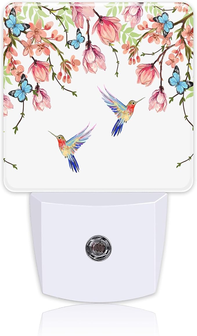 Hummingbirds and Blue Butterflies Night Light Plug into Wall with Dusk to Dawn Sensor Cute Nightlight for Kid Girls Boys Women Men Room Decor, Hallway, Kitchen, Bathroom, Nursery, Stairs