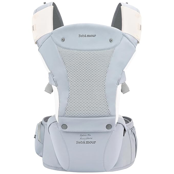 Bebamour Baby Carrier with Hip Seat,All-Position Breathable Mesh Hip Seat & Carrier 0-36Months with Head Hood, 3 PCS Teething Pads, Waist Extender,Storage Bag & Pacifier Case (Blue)