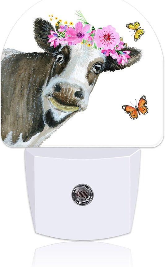 Night Light Plug into Wall Watercolor Cow with Wreath Dusk to Dawn Sensor for Kid Girls Boys Women Men Room Decor, Hallway, Kitchen, Bathroom, Nursery, Stairs